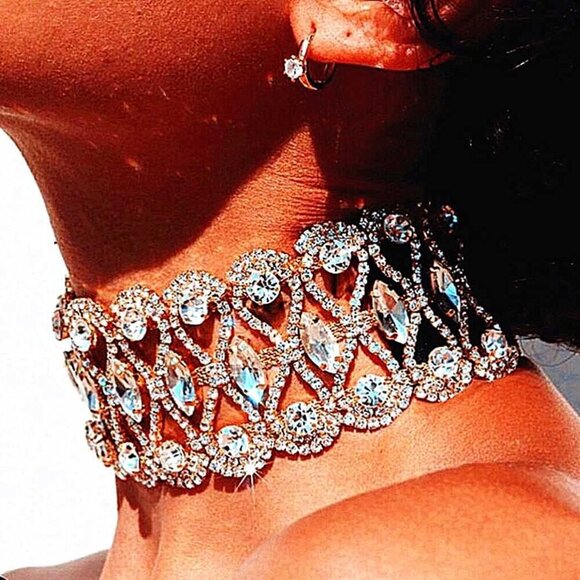 Rhinestone Necklace Choker Adjustable Crystal Collar Wedding Bridal Jewelry for - Picture 2 of 8